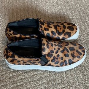 Leopard print pony hair slip on sneakers